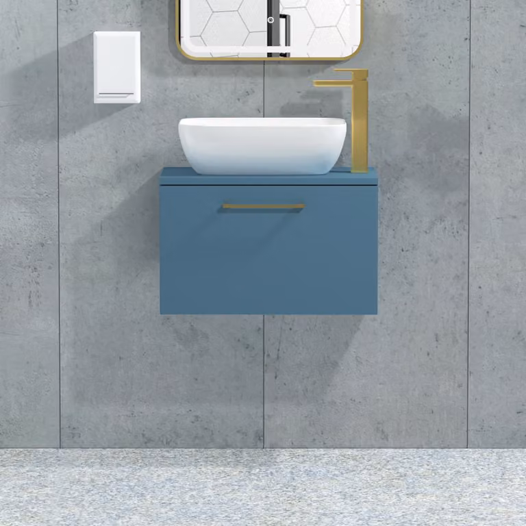 Royal Bathrooms Elva Modena 800mm Wall Hung Vanity Unit with 1 Drawer and Countertop Basin in Satin Blue
