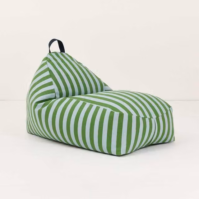 Nobodinoz Bliss Long Beanbag for Children, Green and Blue Stripes, W/D/H: 130 x 65 x 55 cm