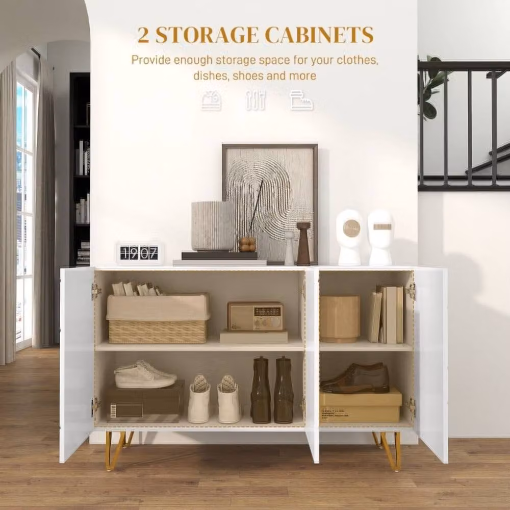STILVORA Modern Glossy White Sideboard with Shelves and Gold Metal Legs – 4