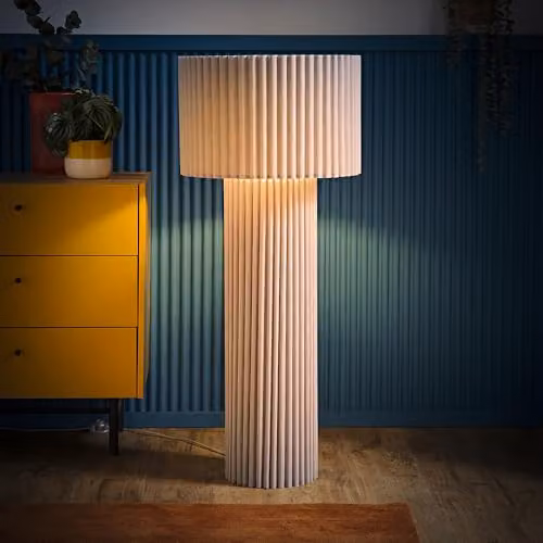 ValueLights Lenny Grey Ribbed Fabric Drum Midi Floor Lamp with LED Bulb, H 108 cm x W 46 cm x D 46 cm – 2