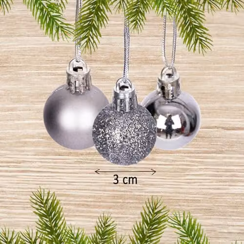 Shatchi 12-Piece Set of Grey and Silver Round Plastic Christmas Tree Bauble Hanging Decorations, Diameter: 3 cm – 2