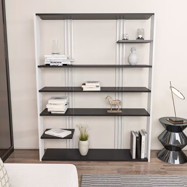 Decorotika Jeni 6-Tier Modern Bookshelf with Metal and Wood Frame, Anthracite and White, H 160 x W 120 x D 29.6 cm