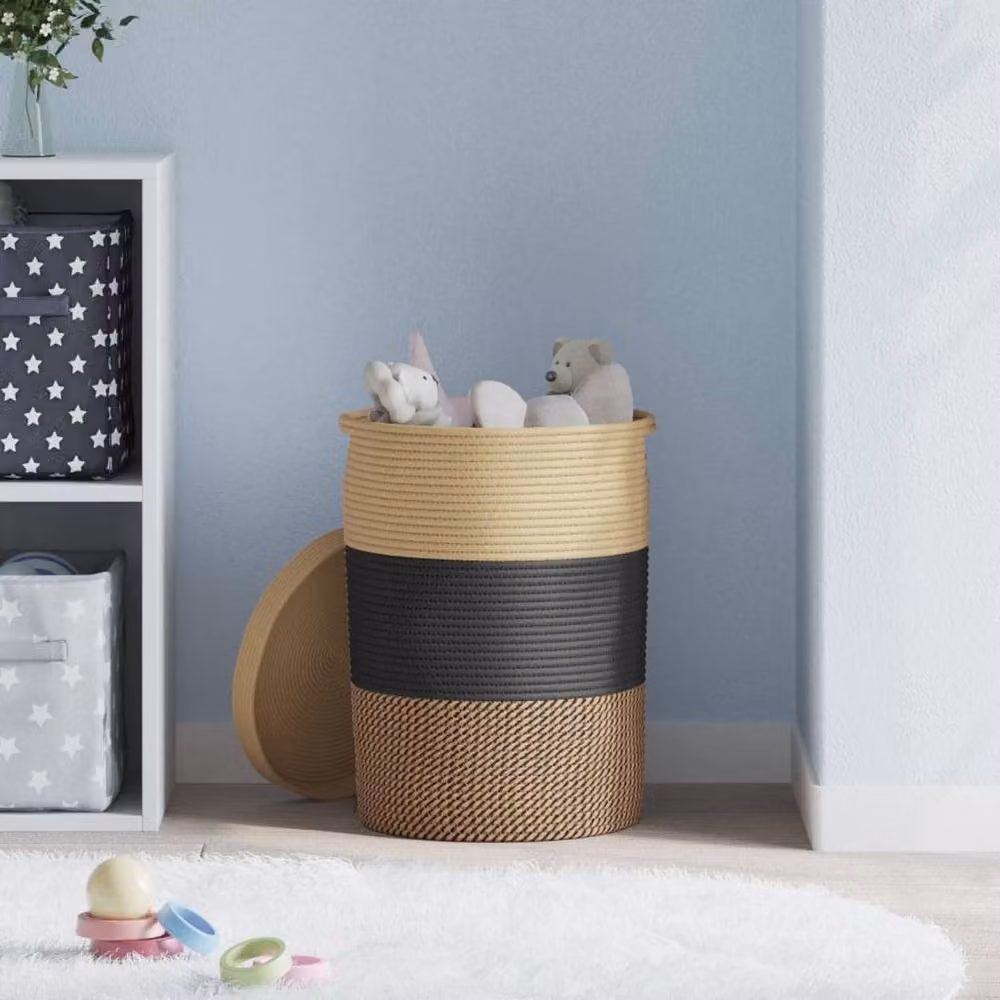 Berkfield Cotton Home Storage Basket with Lid in Black and Beige, W: 37 cm, H: 50 cm – 3