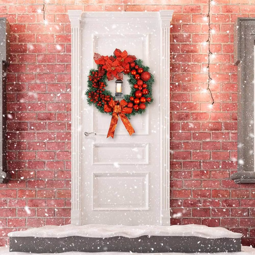 Globrite Red Christmas Wreath with Bows, Baubles and Lantern, Diameter: 40 cm – 7
