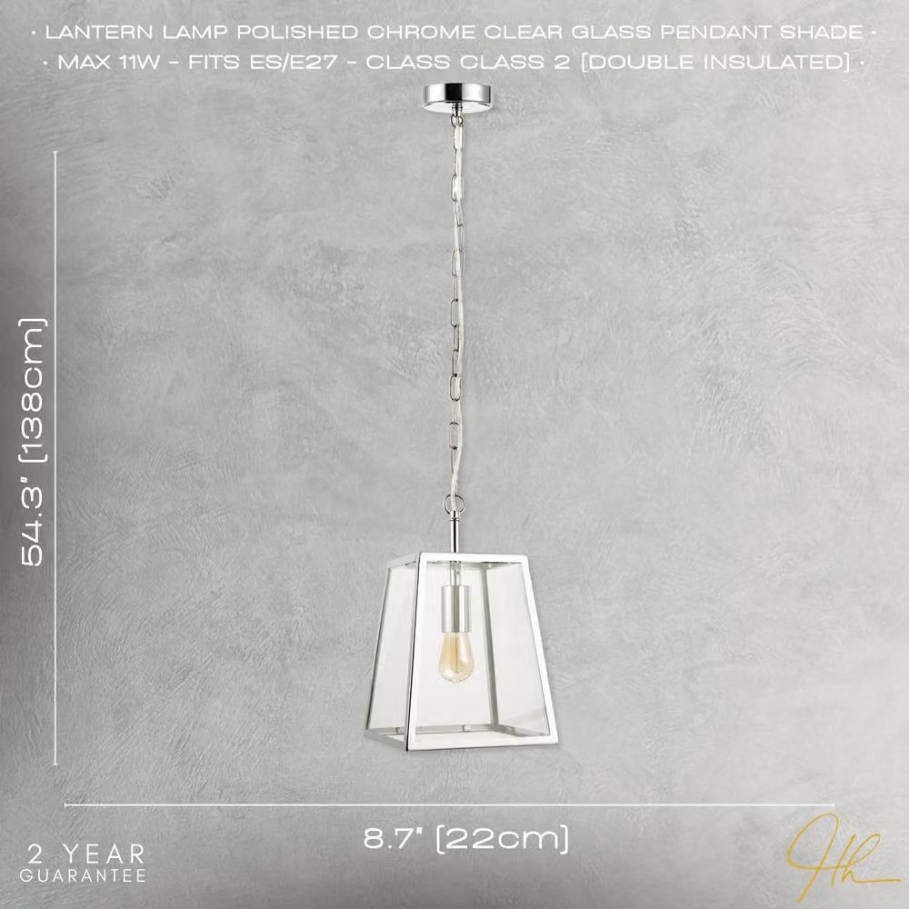 Happy Homewares Classic Lantern Pendant Light Fitting with Transparent Glass Sides in Silver – 3