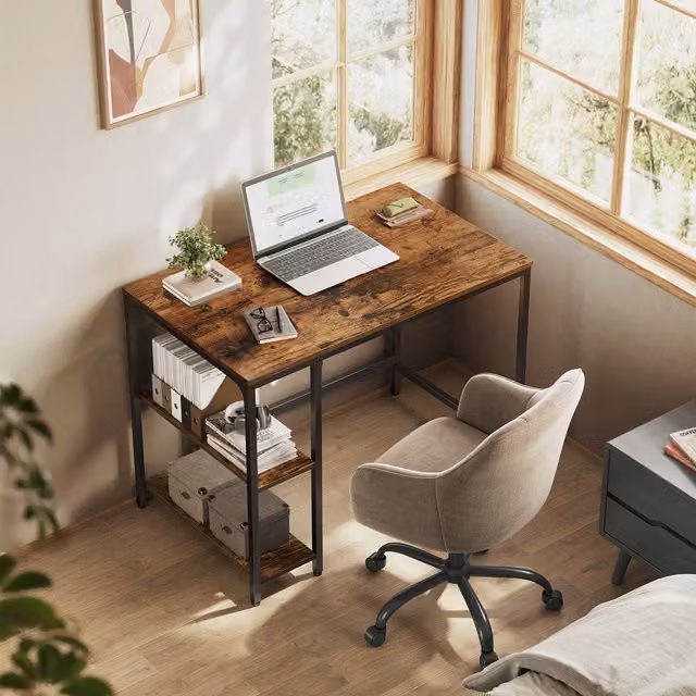VASAGLE Industrial Computer Office Desk with Shelves, Bronze and Brown