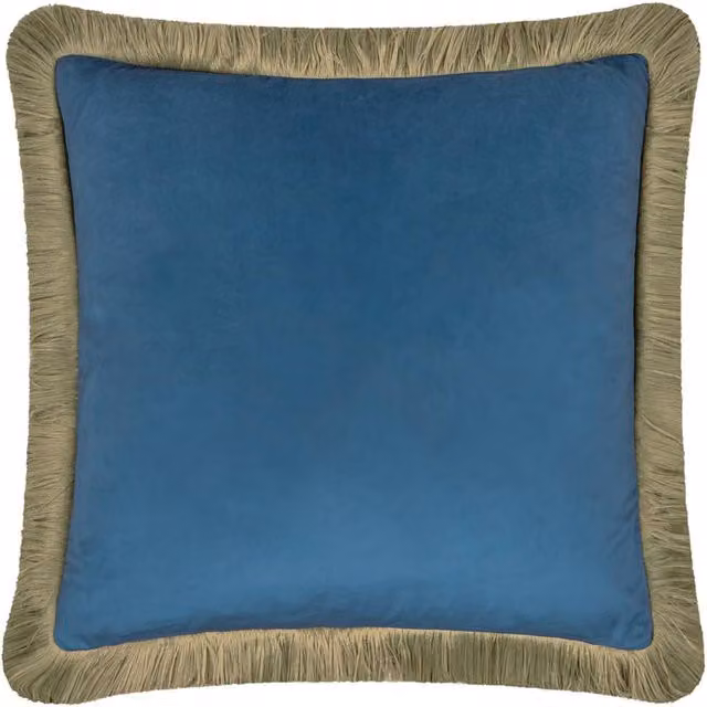Furn Halo Fringed Velvet Cushion in Blue, W x D: 50 x 50 cm