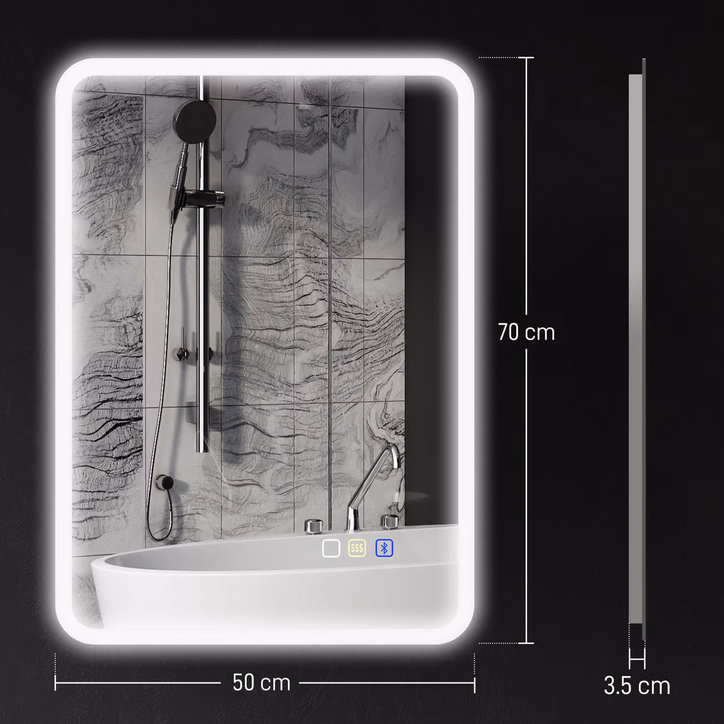 HOMCOM Backlit Illuminated Bluetooth Bathroom Mirror with LED Lights, Silver Tone, W: 50 cm, H: 70 cm – 3