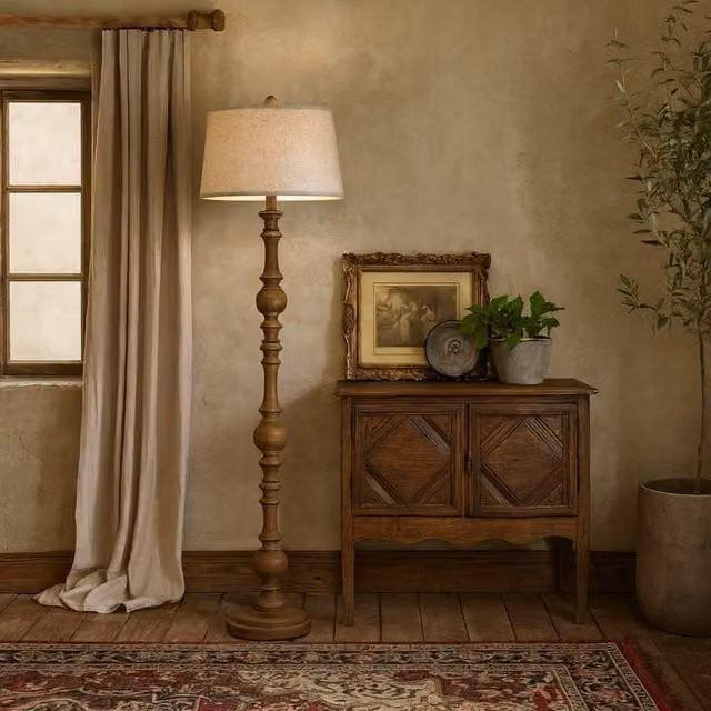Wyld Haus Perouges Slim Wooden Pillar Floor Lamp with Edged Linen Shade in Brown, Height: 140 cm – 1