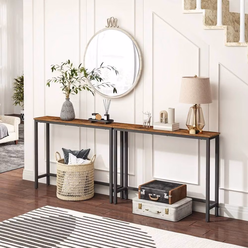 NESTLUNE Industrial Brown Wood Console Table, W: 100 cm, D: 15 cm, H: 75 cm – 3
