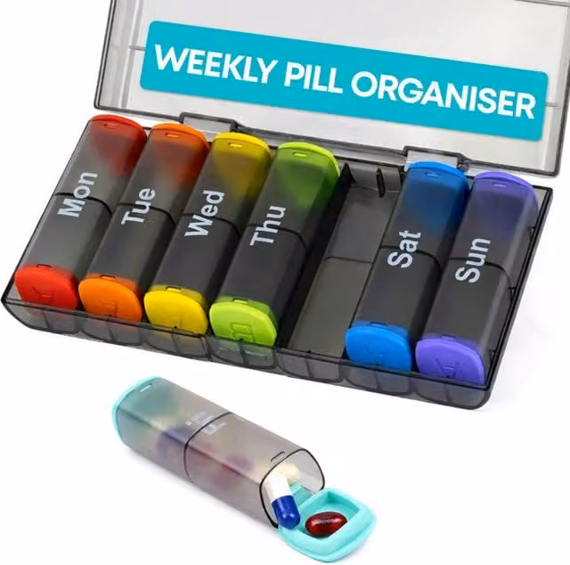 FINEWAY Weekly Pill Organiser 7 Day AM PM Storage Box in Black Transparent Multicolour