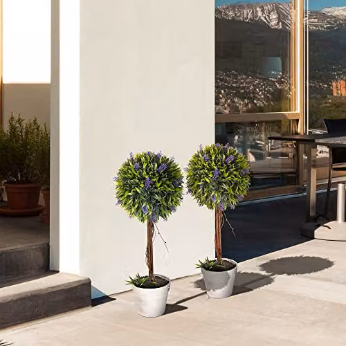 HOMCOM Set of 2 Potted Artificial Lavender Ball Trees in Green, Height: 60 cm – 4