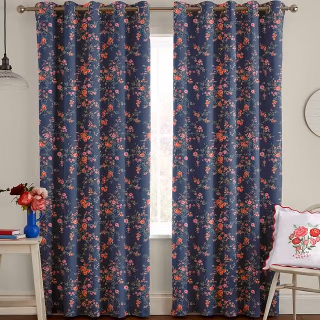 Cath Kidston Millfield Blossom Made to Measure Navy Blue Floral Blackout Cotton Eyelet Curtain Panel