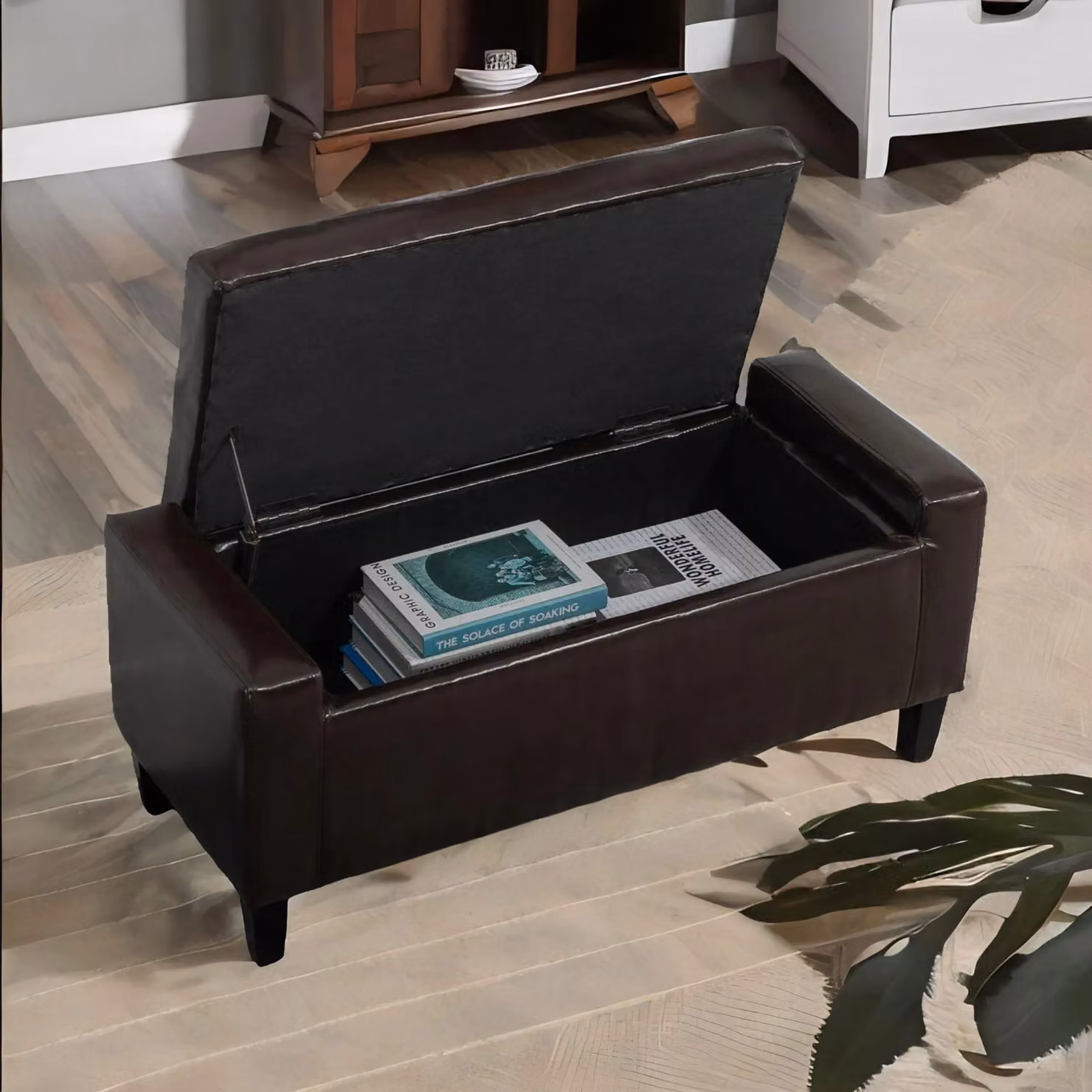 FURNOS Tufted Faux Leather Ottoman Storage Bench in Brown, W/D/H: 150 x 40 x 40 cm – 3