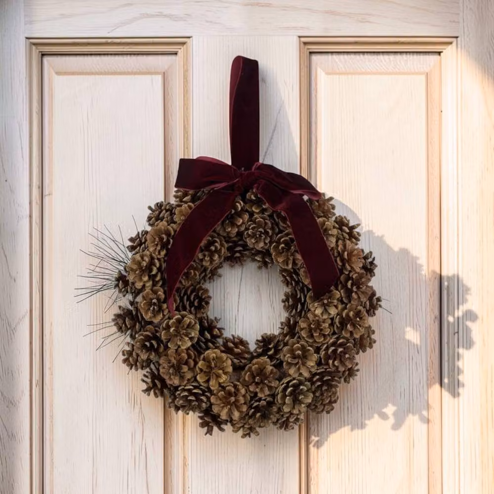 Four Candle Brown Pinecone Wreath with Bow, Diameter: 34 cm – 2