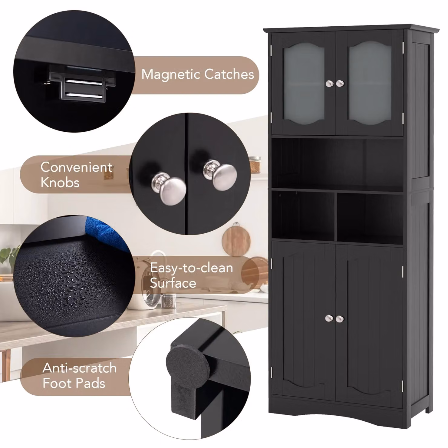 Gymax Freestanding Tall Bathroom Cabinet with Glass Doors and Adjustable Shelves in Matt Black – 5