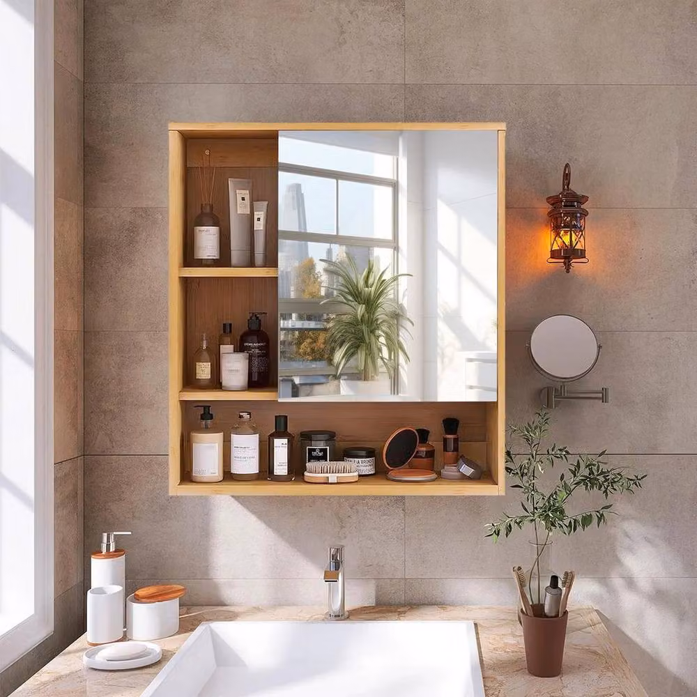 FORGEVIO Wall-Mounted Bamboo Medicine Cabinet with Mirrored Glass Doors in Natural Brown – 2