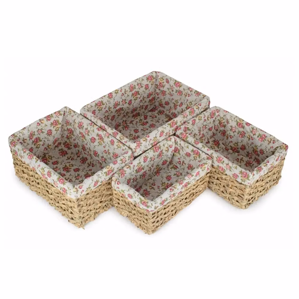 Red Hamper Set of 4 Thatch Grass Woven Storage Baskets with Garden Rose Cotton Lining in Brown and Red – 2