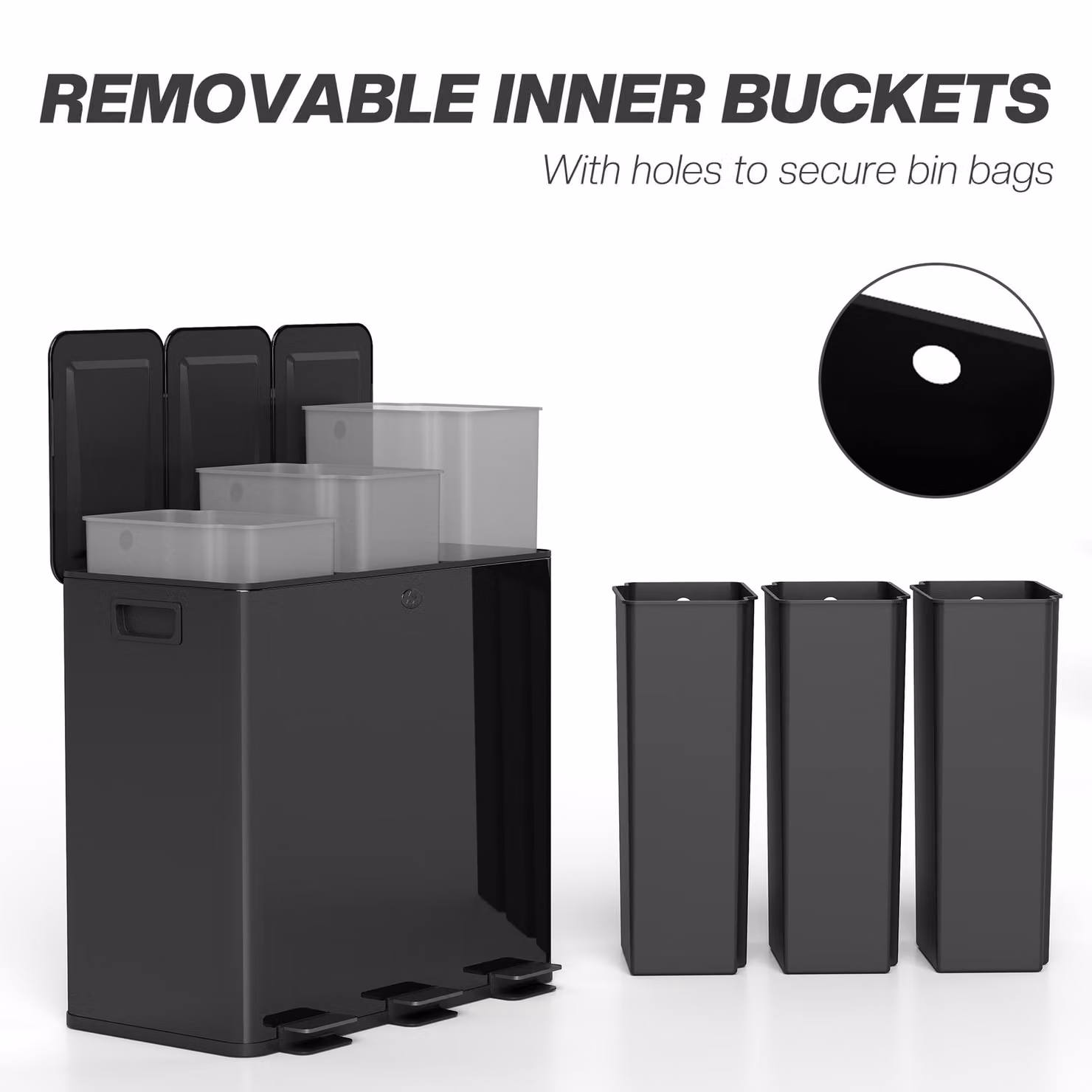 HOMCOM Triple Kitchen Pedal Bin, 3 x 20L Stainless Steel Bins with Soft Close Lids and Removable Inner Buckets, Black – 7