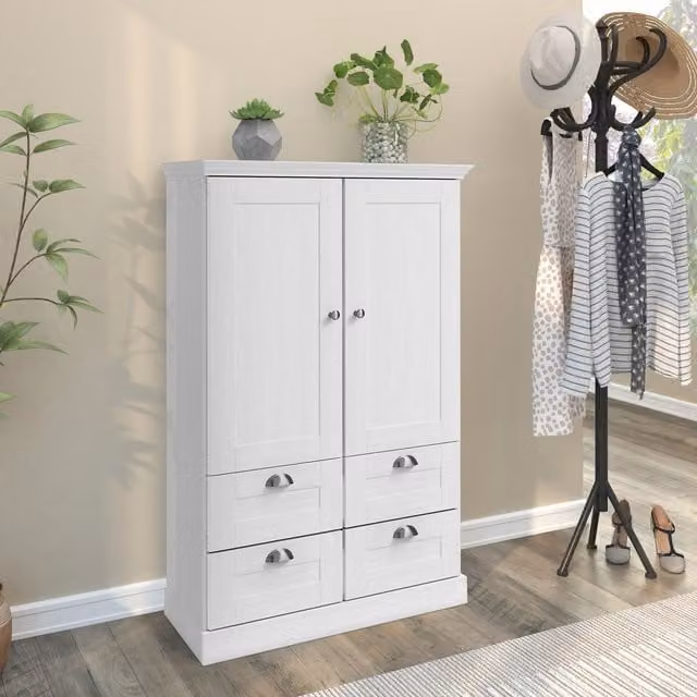 Dorel Home Motala White Modern Bedroom Cabinet with Hinged Doors and Integrated Drawers
