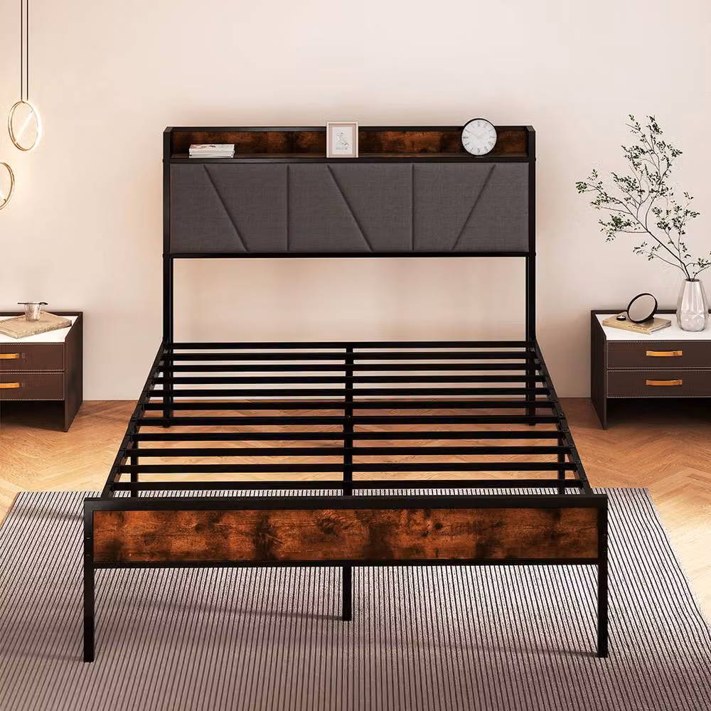 Levede Modern Upholstered Metal Bed Frame with Side Compartments and Bedside Shelf in Brown, W/D/H: 90.5 x 190 x 30 cm – 2
