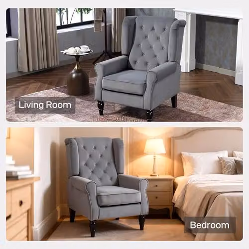HOMCOM Retro Wingback Accent Armchair in Grey Velvet with Solid Wood Frame – 7