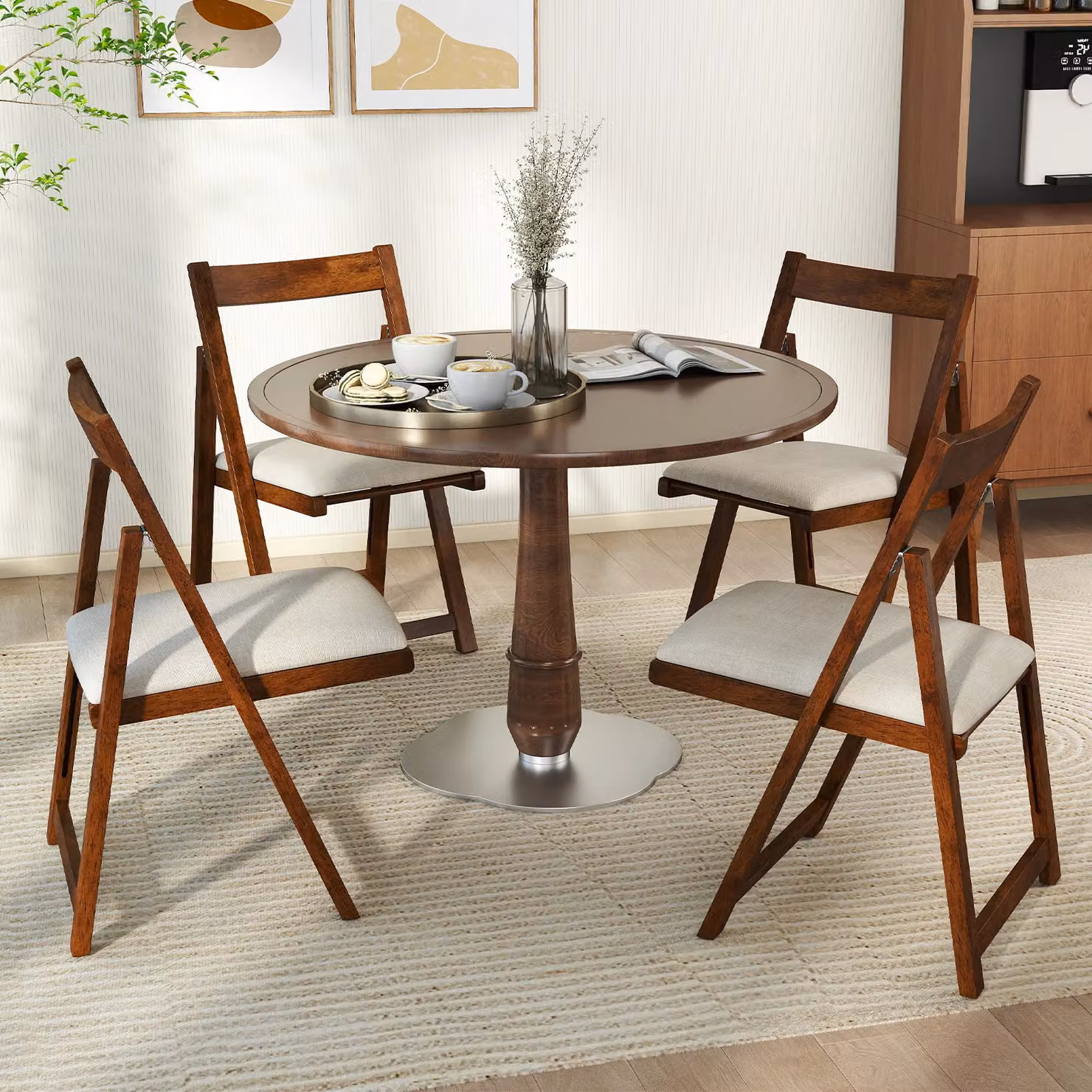 Costway Set of 4 Foldable Armless Dining Chairs in Walnut Brown with Fabric Upholstery – 7