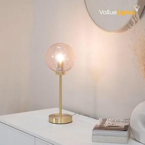 ValueLights Frenchie Art Deco Table Lamp with Pink Tinted Glass Sphere Shade and Gold Metal Stem – 2
