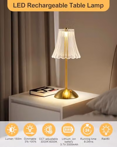 Harper Living Rechargeable LED Table Lamp, Dimmable Touch Control Bedside Reading Light in Gold/Brass Finish – 3