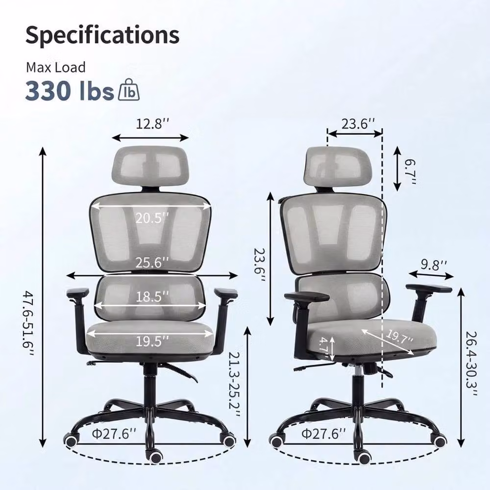 SPETLEK Ergonomic Mesh Back Office Chair in Grey with Headrest and Armrests – 2