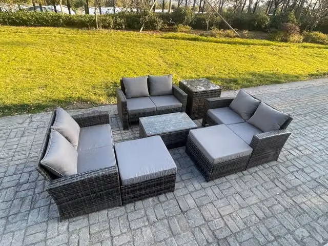 Fimous 7 Piece Rattan Garden Furniture Set with Side Tables and Footstools in Dark Grey Mixed