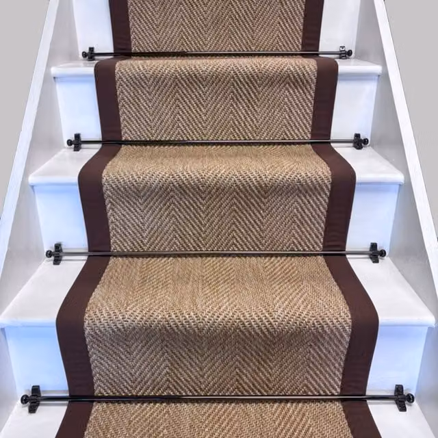 RainbowHome Herringbone New England Beige Stair Runner with Mocha Cotton Border, W: 60 cm, L: 700 cm – 1
