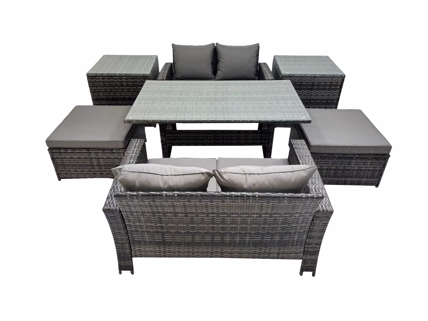 Fimous 6 Seater Outdoor Dining Set with Double Seat Sofa, 2 Side Tables and 2 Large Stools in Dark Grey – 2
