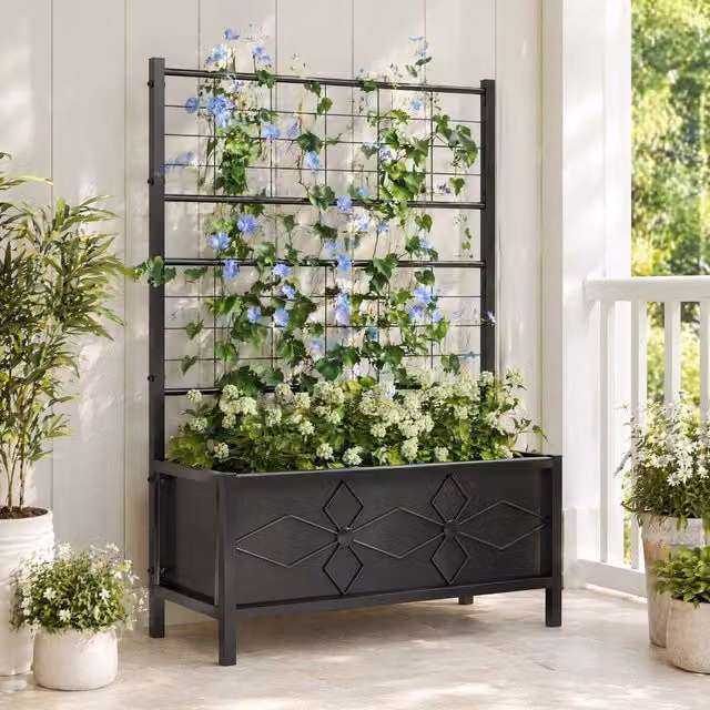 STILVORA Raised Garden Bed with Trellis in Black Galvanised Steel, W/D/H: 90 x 40 x 120 cm