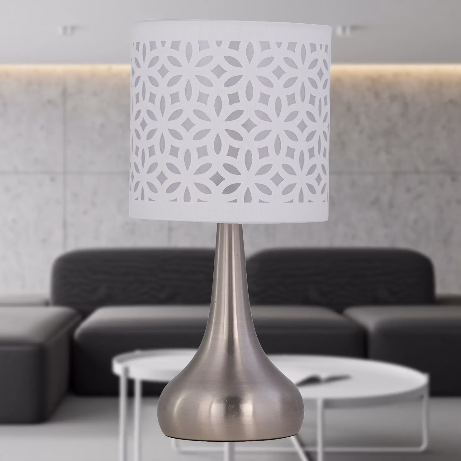 First Choice Lighting Romana Touch Table Lamp in Brushed Chrome with White Shade – 2