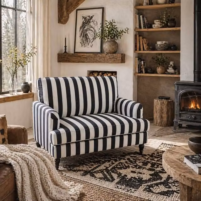 Wyld Haus Yosefi Black and White Striped Velvet Cuddle Chair with Armrests – 1