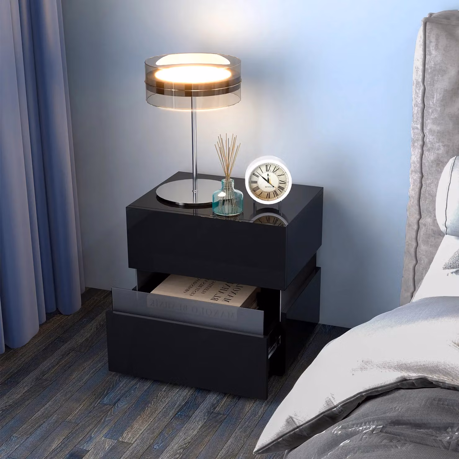 Costway LED Bedside Table with 2 Drawers and Remote Control, Black – 5