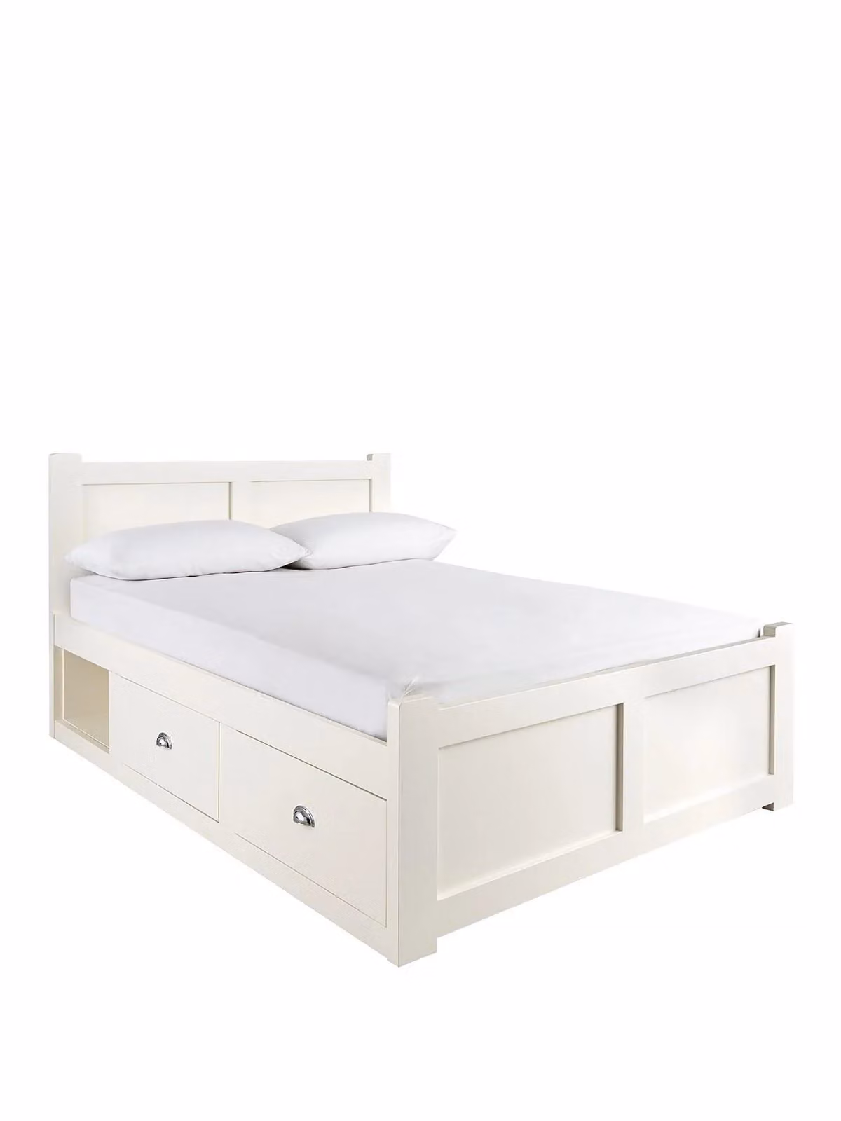 Geneva Double Bed Frame in White with Storage Drawers and Open Shelves