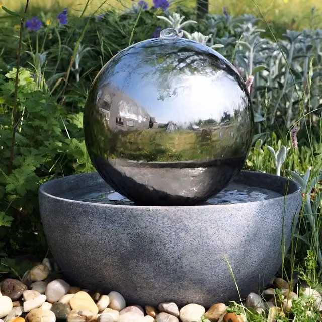 Primrose Modern Stainless Steel Round Sphere Tabletop Water Feature with LEDs and Reservoir in Silver