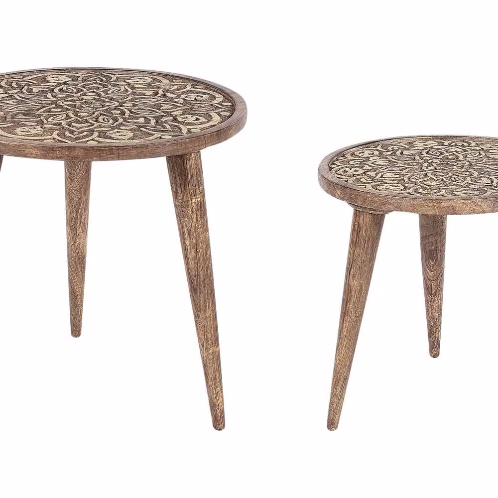 Wyld and Coco Set of 2 Brown Mango Wood Side Tables with Oriental Floral Design – 2
