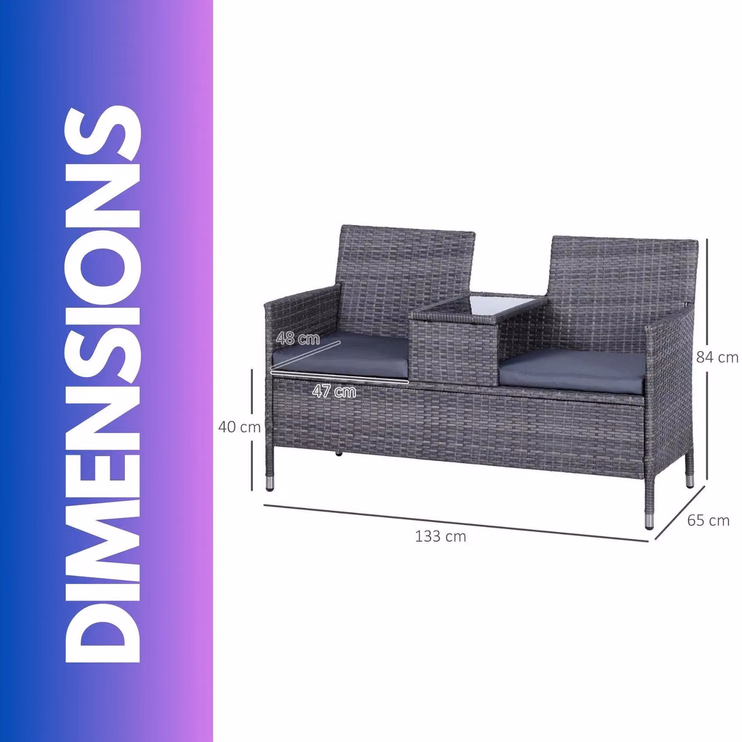 FURNOS 2 Seater Polyrattan Outdoor Bench with Padded Cushions in Black and Grey, W/D/H: 133 x 65 x 84 cm – 2