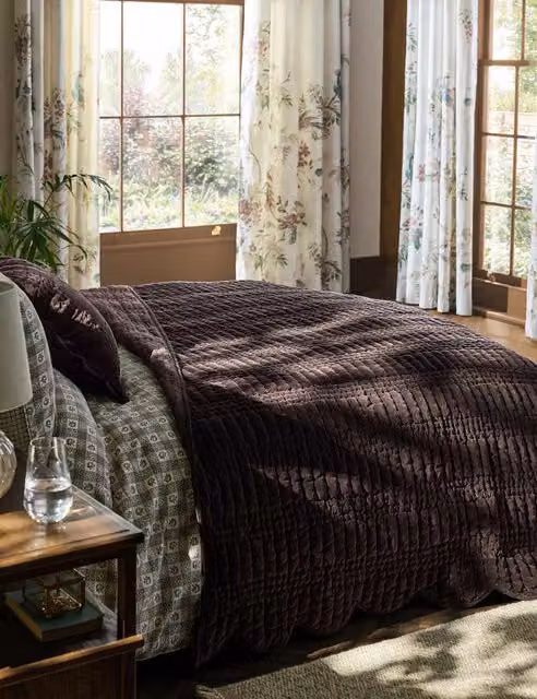 Laura Ashley Quilted Velvet and Cotton Scalloped Bedspread in Dark Brown