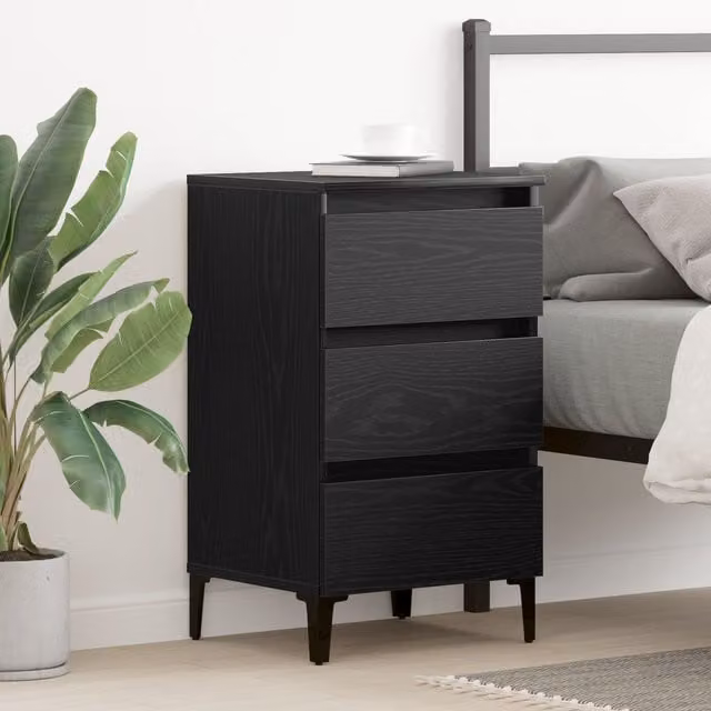 Berkfield Home Bedside Cabinet in Black Oak with Metal Legs, W/D/H: 40 x 35 x 69 cm