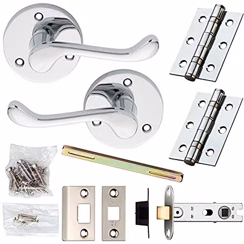 Loops Chrome Victorian Scroll Curved Lever Door Handle and Latch Pack with 58mm Round Rose