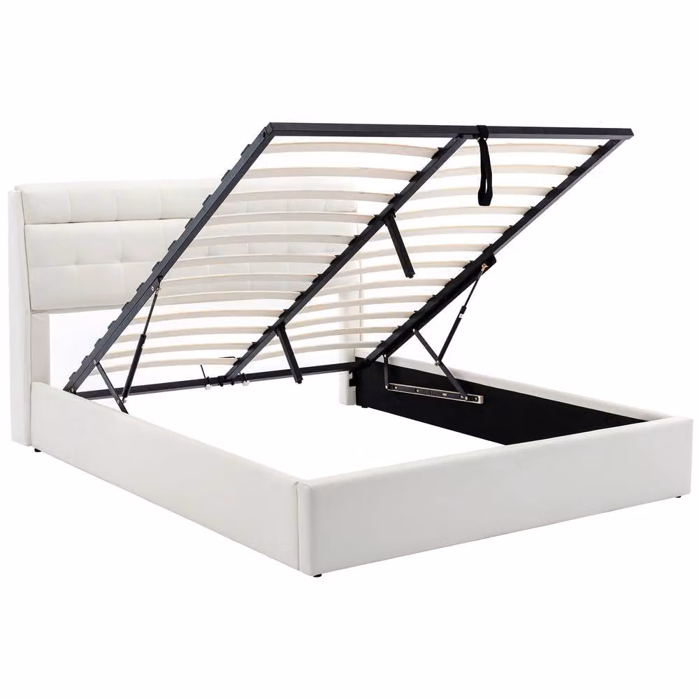 BTM Cream White Upholstered 5ft King Hydraulic Bed with Headboard and Storage W/D/H: 150 x 200 cm – 3