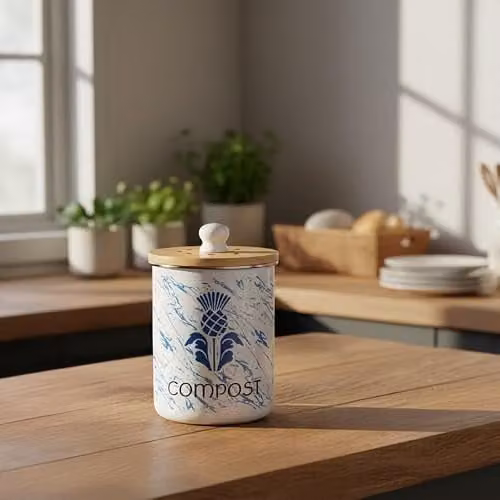 Purely Home Scottish Thistle Compost Caddy - Blue and White Metal Kitchen Food Waste Bin with Removable Inner Bucket and Odour Filter, 2L, W: 16.5 cm, D: 22.5 cm, H: 22.5 cm – 2