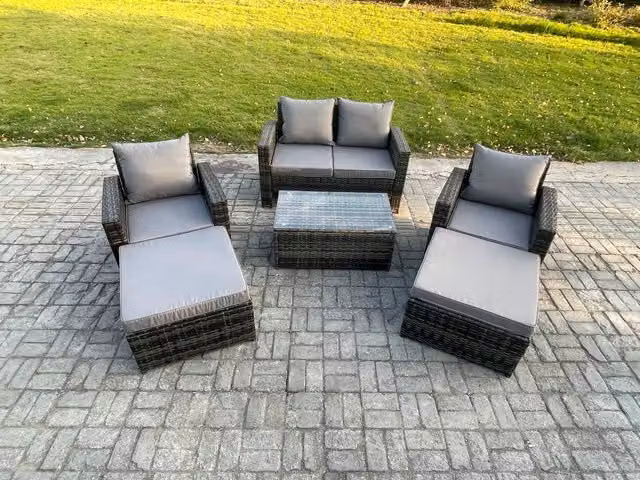 Fimous 6 Seater Rattan Garden Furniture Set in Dark Grey with L-Shape Sofa, Coffee Table and Ottomans