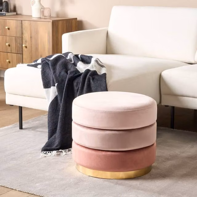 Wyld and Coco Ombre Pink Velvet Round Pouffe with Gold Base, Diameter: 48 cm