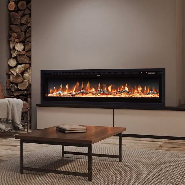 Livingandhome Black Glass Electric Fireplace with Remote, Width: 127 cm