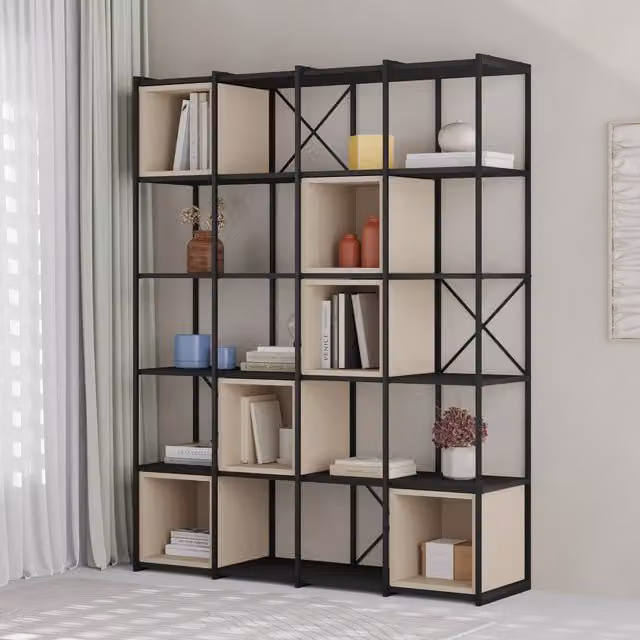 Decortie Vale Maxi Modern 5-Tier Bookcase with Adjustable Shelves in Black Wood and Sandstone
